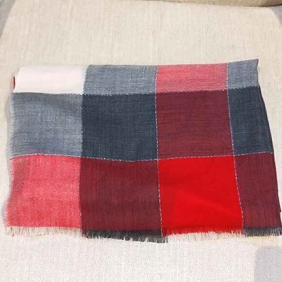 Talbot's Wool Metallic Red, Gray, & White Buffalo Check Scarf Wrap - Picture 8 of 8